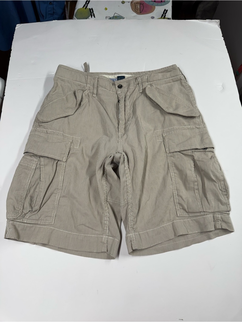 Polo Ralph Lauren Cargo Shorts Mens 34 Seersucker Pinstripe Snap Flap Pockets